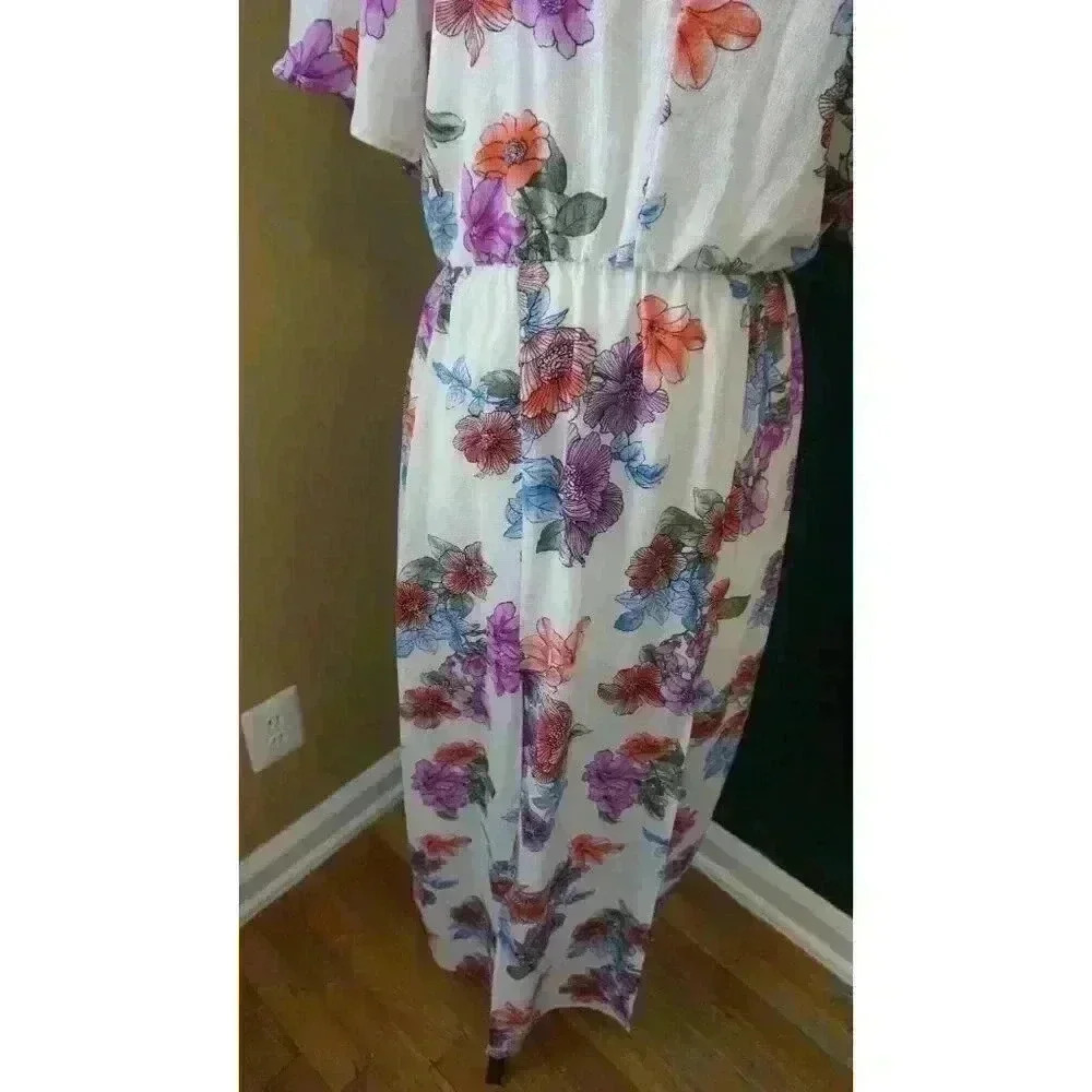 Crystal Sky White Floral Maxi V-Neck Flutter Short Sleeves Boho Dress Size 9 - Picture 3 of 15
